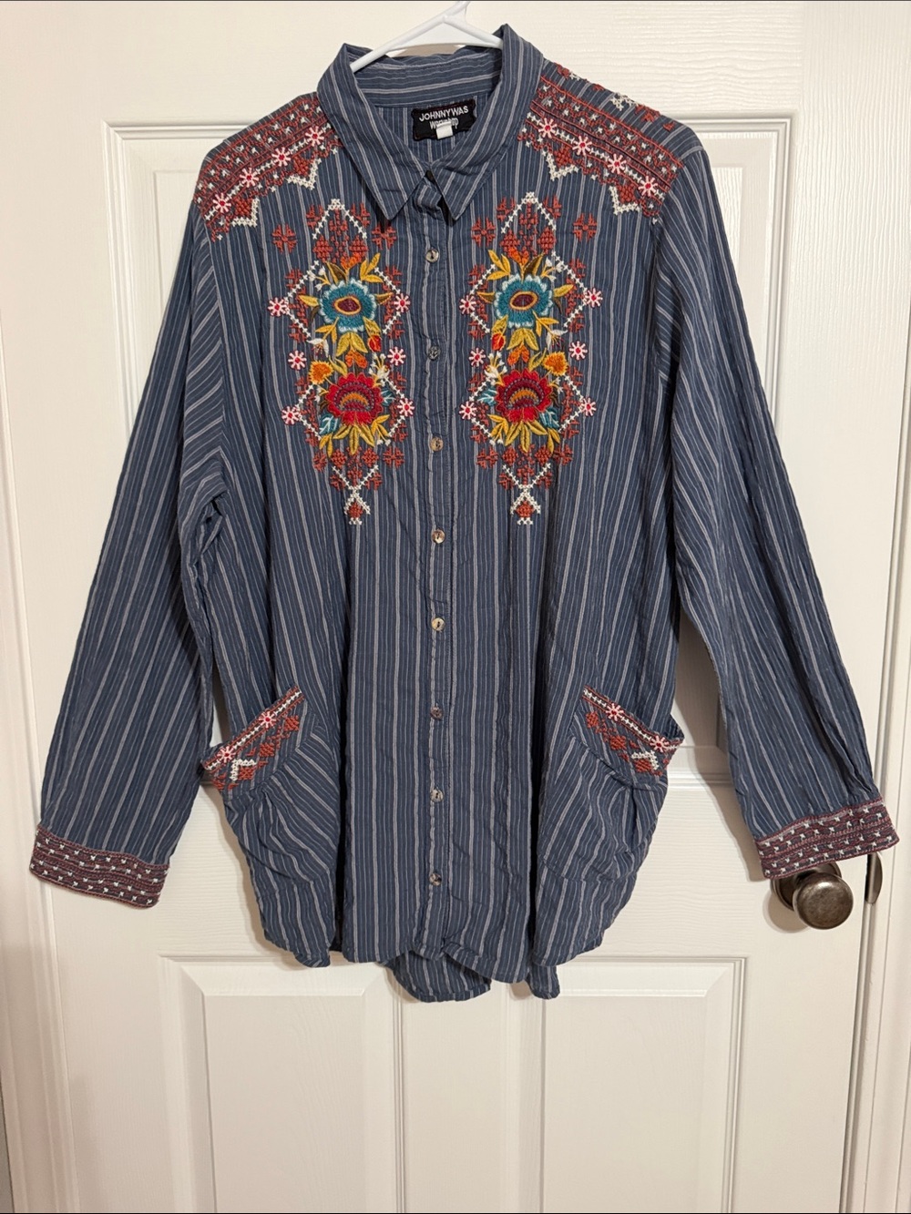 Johnny Was Blue Striped Embroidered Button-Down Shirt